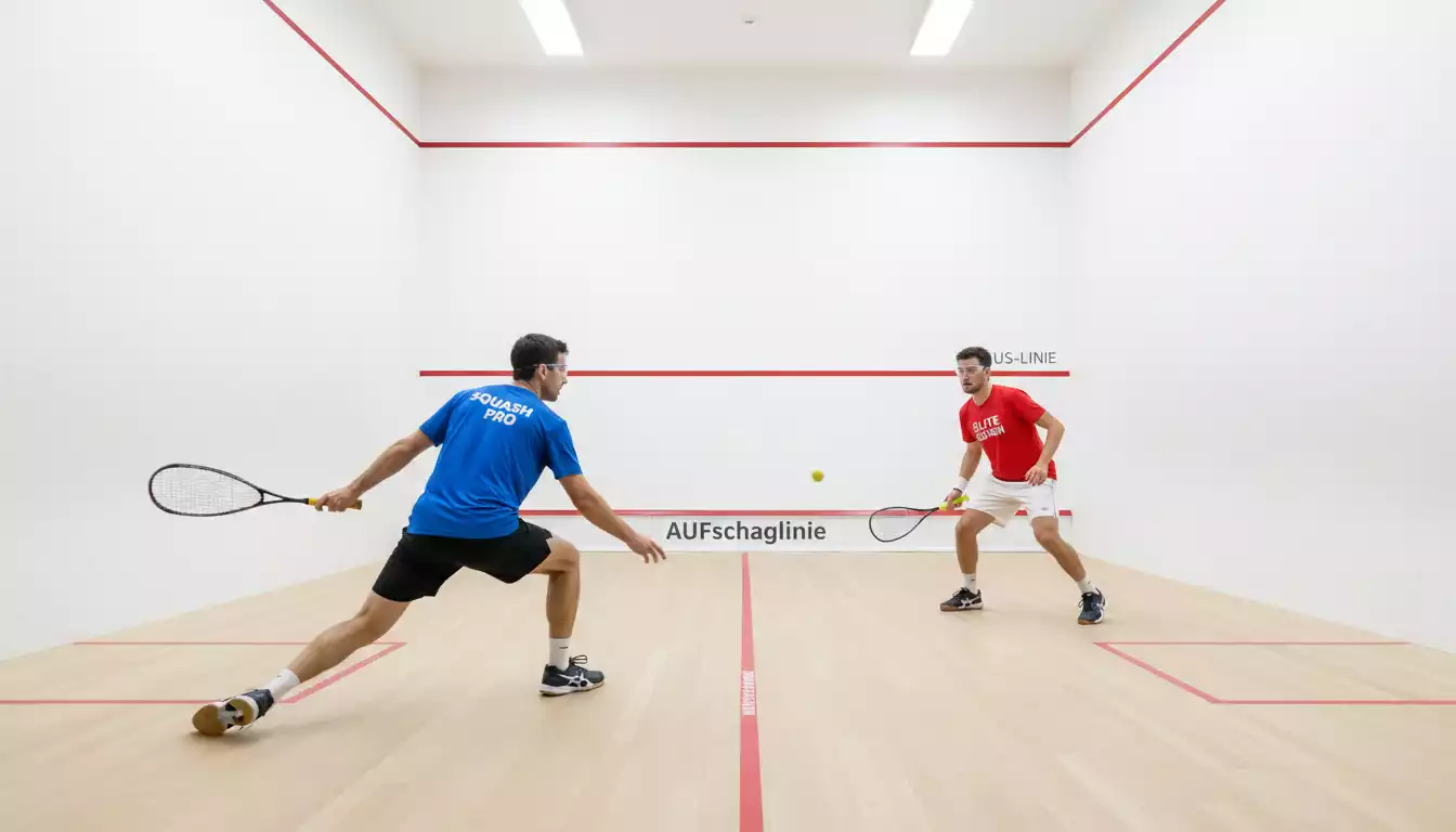 Professioneller Squash-Spieler in Aktion auf einem Glasscourt bei einem PSA-World-Tour-Turnier